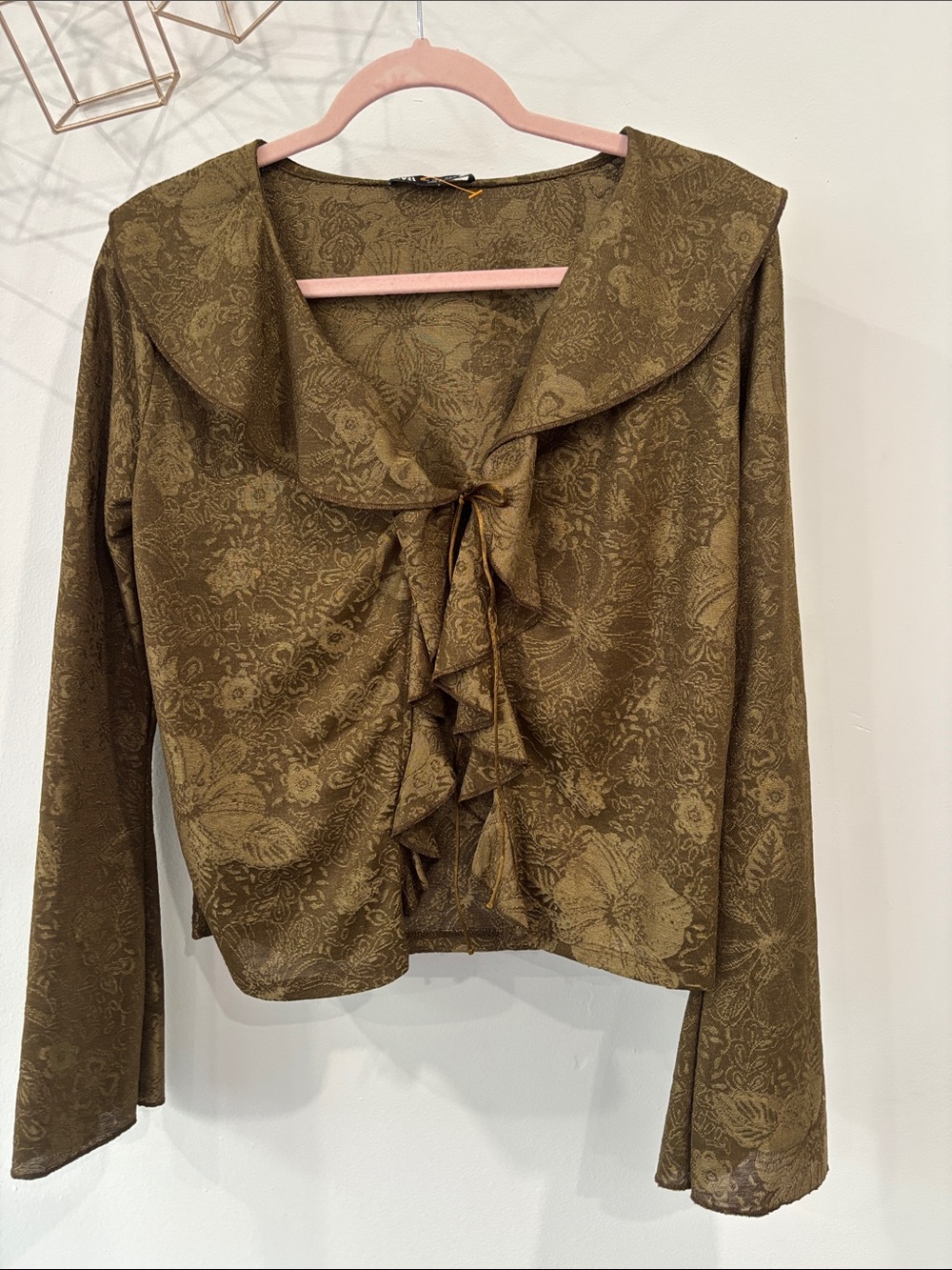 Zara Olive Green Ruffle-Front Long Sleeve Blouse